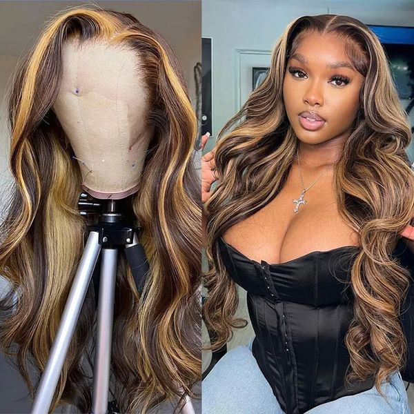 

highlight wig human hair 13x4 lace frontal wig colored human hair wigs for women 30 inch honey blonde body wave lace front wig, Black;brown