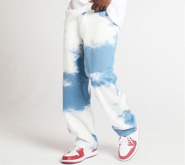 

mjartoria men jeans light blue casual loose straight denim pants tie dye print sky blue long trouser straight jeans 202022385462027