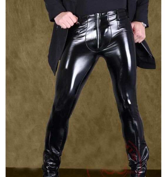 

men high elastic pvc shiny pencil pants faux leather fashion punk pants zipper front glossy pencil gay wear 163388598, Black