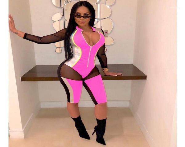 

patchwork women playsuits cotton mesh glossy pu leather jumpsuits turtleneck zippers front knee length bodysuits18755867, Black;white