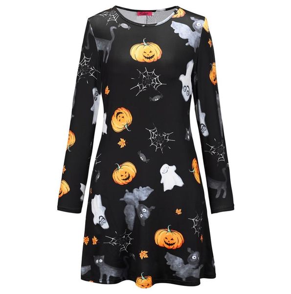 

womens halloween long sleeve round neck casual spider skull pumpkin printed flared party dress dk5559hy5100806, White;black