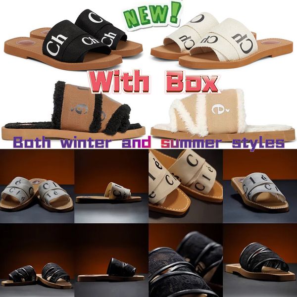 

with box women woody flat mule sandal slipper designer shoe canvas print embroidered slides black white lettering fabric outdoor leather fli