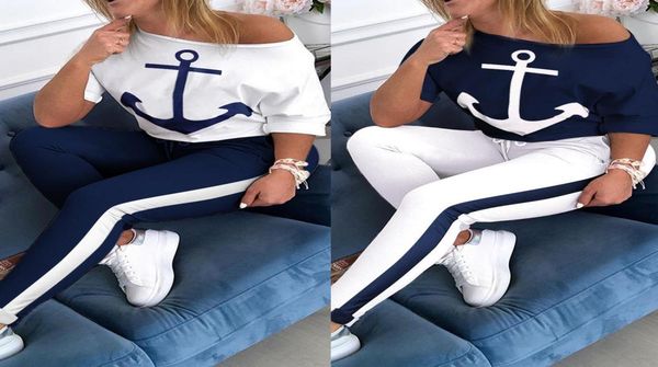 

al077 european and american women039s twopiece suit shortsleeved tshirt navy sports suit anchor print twopiece7887943, Gray