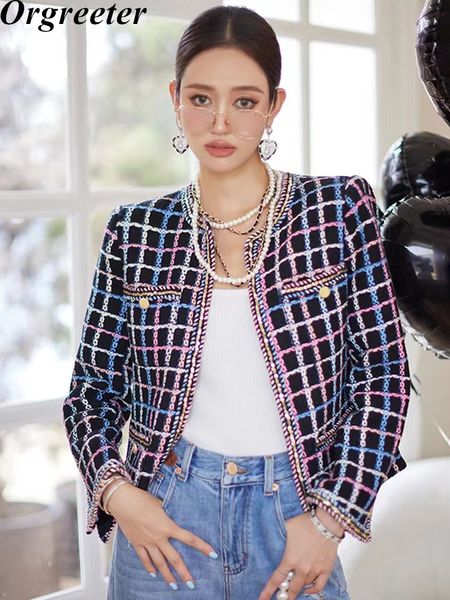 

womens jackets vintage check tweed jacket autumn sequined trim long sleeve woolen coat elegant outwear 230818, Black;brown