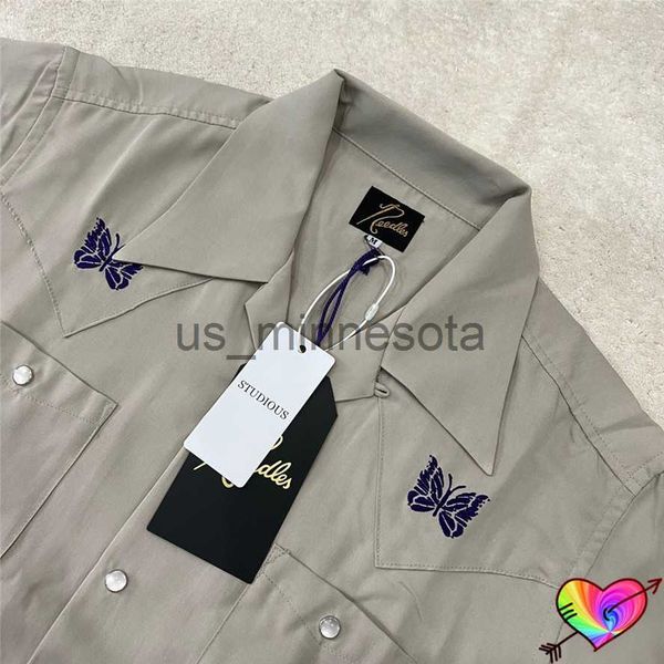 

men's t-shirts 2022 needles shirt men women embroidered butterfly 11 needles ge pockets shirts loose fit casual button blouse j230821, White;black