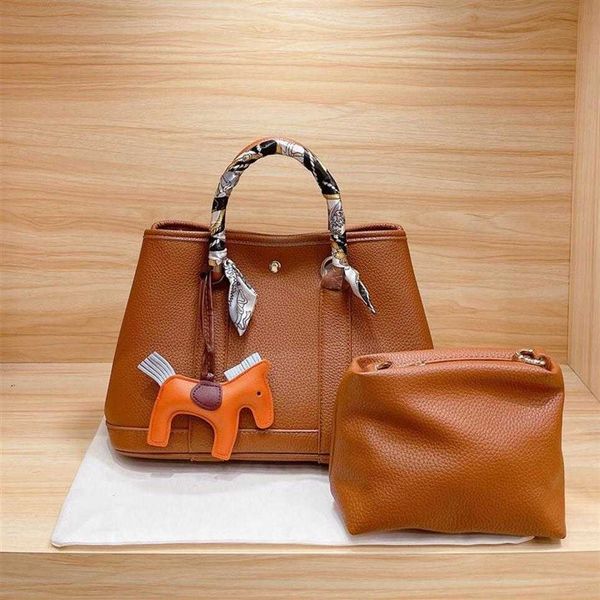 

30cm garden bag lady totes bag women handbag inner wallet purse genuine leather wide detachable shoulder strap bag with scarf hors275x m7j2