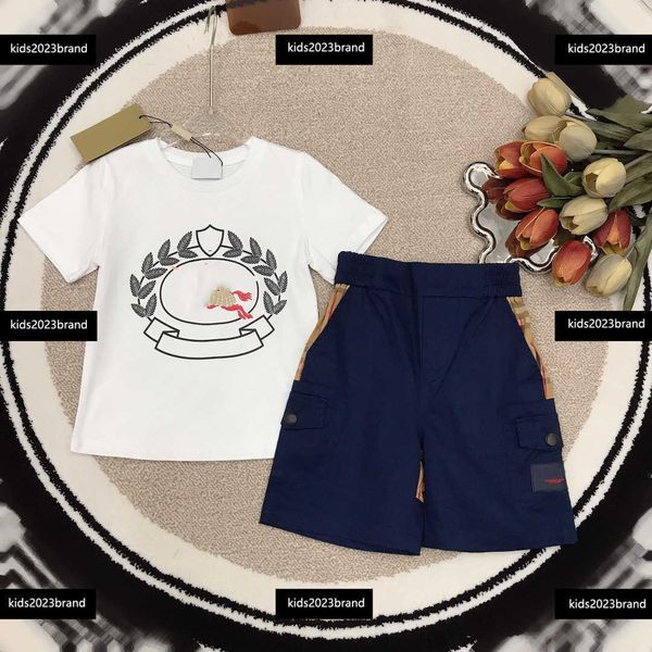 

kids clothes child sets baby 2pcs logo printed t-shirt and plaid shorts summer outdoors tracksuit size 100-150 cm mar01, White