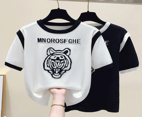 

2022 summer letters thin sweater short sleeve round neck women039s vintage pullover knitwear fashion loose ice silk tshirts to1014827, White;black