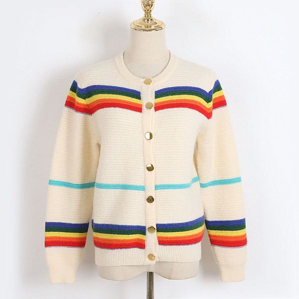 

women's knits tees casual rainbow striped jacquard thick women sweater fall winter loose plus size outwear cardigan 230817, White