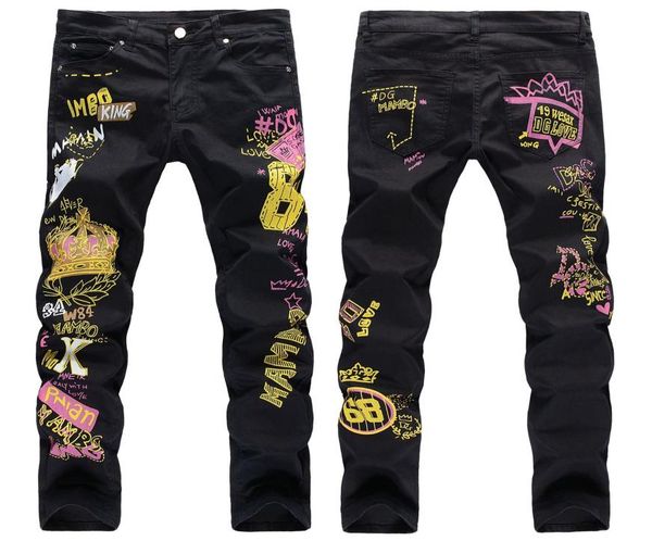 

2020 fashion new men039s male fashion letters flame printed jeans slim straight skull graffiti colored painted stretch pants8674619, Blue