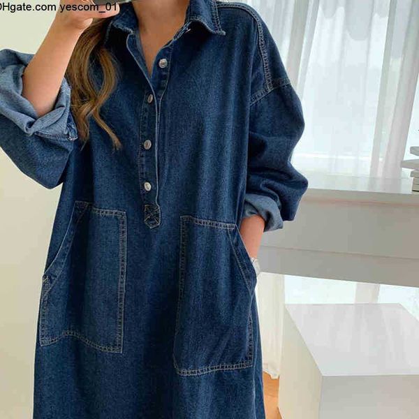 

dress women's denim spring clothing full sleeve turn-down collar jeans dresses casual loose female street wear denim robe dress x0521, Black;white
