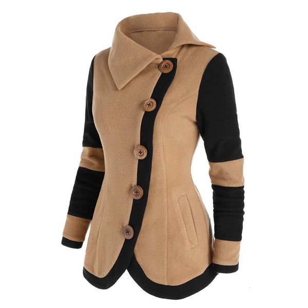 

womens jackets fashion two tone fleece jacket colorblock widewaisted full sleeve warm coat for fall spring winter 230818, Black;brown