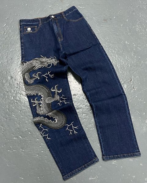 

men's jeans dragon pattern printed jeans men american street trend hip hop loose jeans fashion all match vintage wide leg pants 230818, Blue