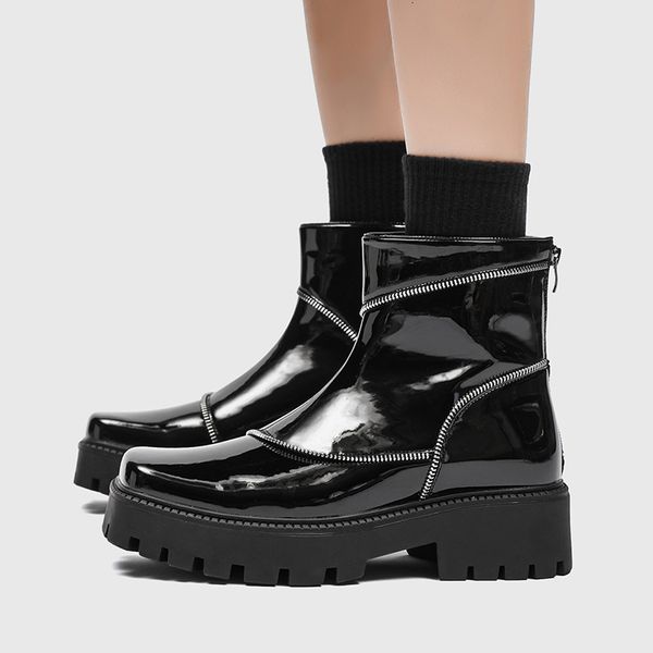 

boots goth punk platform men zipper design motorcycle male split leather slip on ankle square toe casual shoes 230818, Black