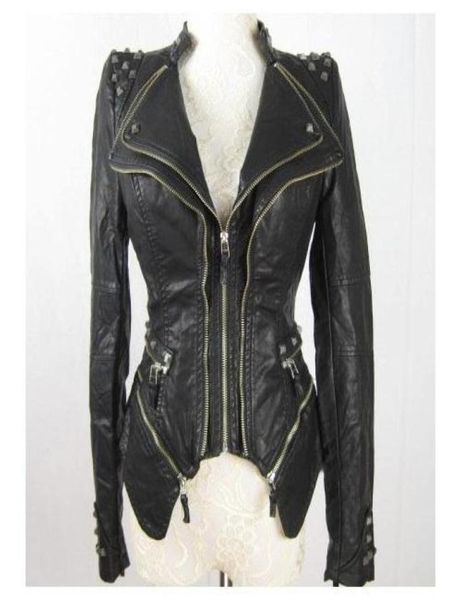 

wholenew womens punk spike studded shoulder pu leather jacket zipper coat size s xl4145684, Black