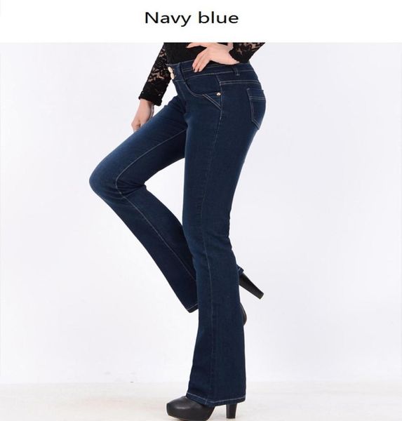 

slender lady full length high waist jean pants women flare zipper elastic softener denim office6993326, Blue