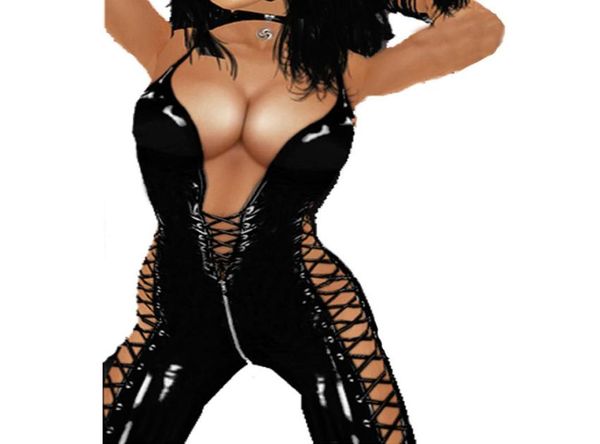 

novelty style women lace up costume shiny black catsuit dance clubwear sleeveless jumpsuit open back leotard latex like bodys1801530