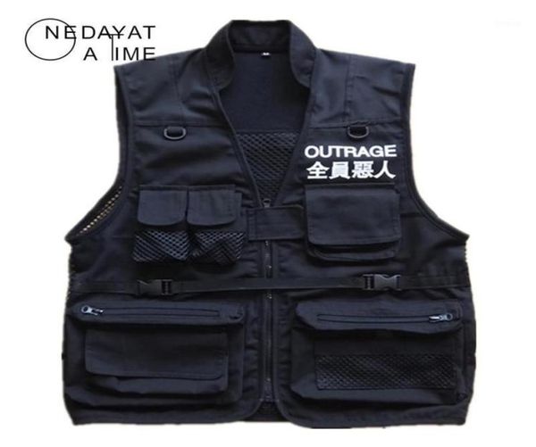 

men039s vests men coat sleeveless jacket casual chinese character vest high street pockets cargo waistcoat zipper jacket11399569, Black;white