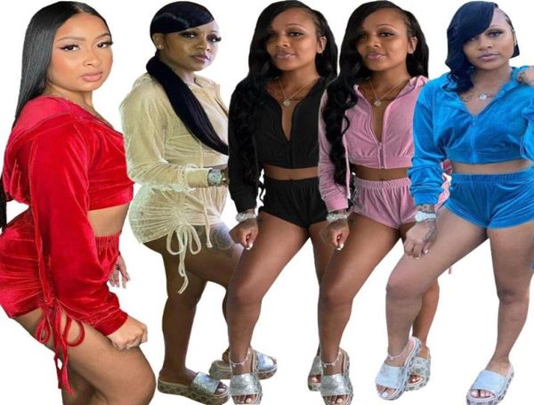 

twopiece suits for women springsummer 2021 korean velvet pleated waist shorts pant sets shirring hooded zipper solid color women6029492, White