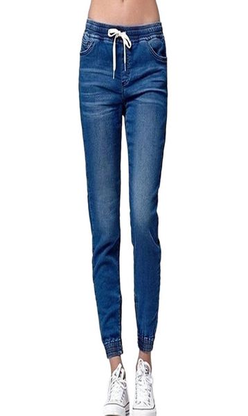 

women casual jogger pants drawstring elastic waisted jeans solid ladies denim pants slim leggings vaqueros mujer7612980, Blue