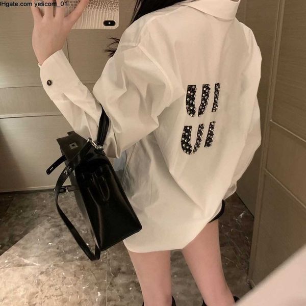 

summer new shirt designer blouse fashion all-match ice silk cotton shirts rhinestone letters long sleeved shirt womens casual shirts coat, White