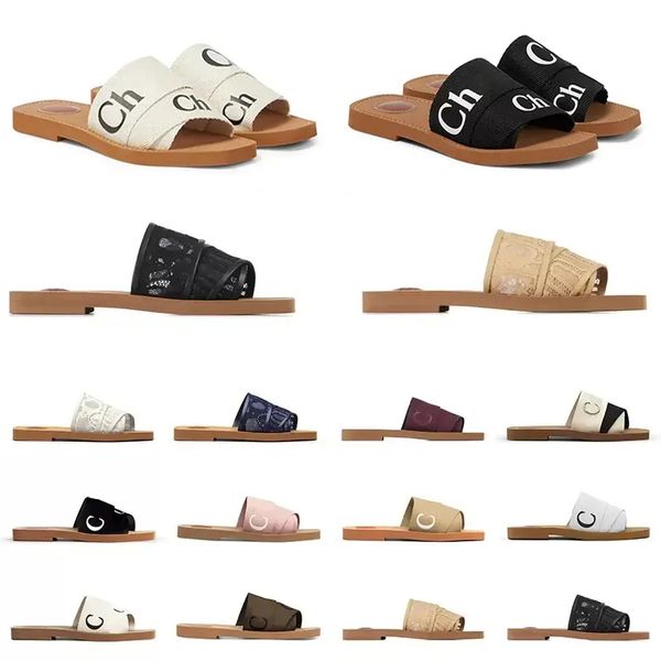 

2023 designer sandals for women mules flat slides light tan beige white black pink lace lettering fabric canvas slippers womens summer outdo