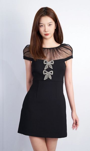 

self-portrait polyester a-line mini dress bow short sleeve fit dress for women, Black;gray
