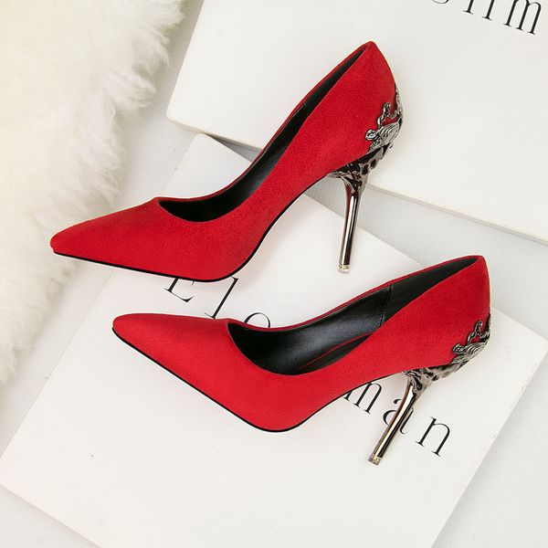 

dress shoes pointed single shoe women's wedding shoes red bride's metal hollowed out suede thin heeled high heels luxury 230818, Black