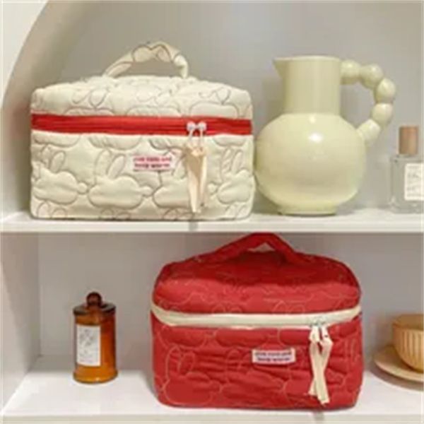 

ins rabbit quilted cotton flip cosmetic bag cases lady makeup pouch travel organizer storage bags with zipper, Black