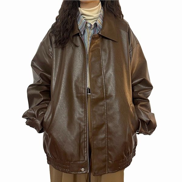 

womens jackets vintage turn down collar pu jacket windbreak thicken streetwear motorcycle female solid color casual bomber coat 230818, Black;brown