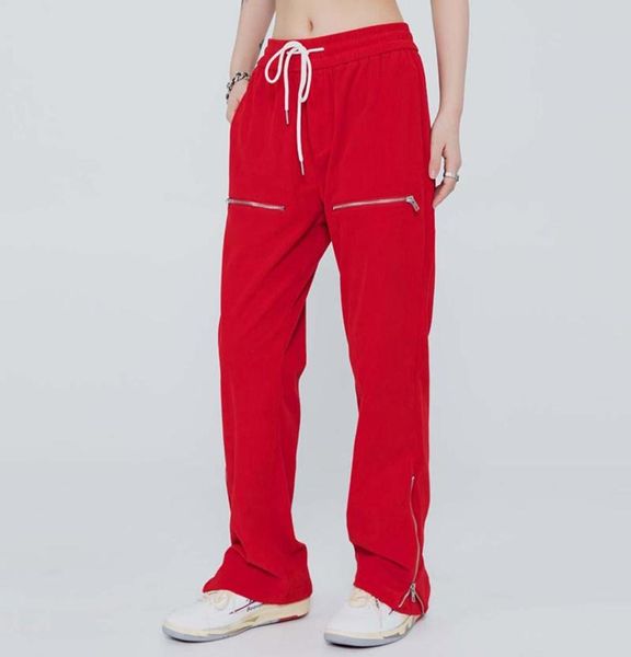 

ankle zipper pockets solid color drawstring corduroy casual trousers men and women streetwear retro oversized loose track pants9082238, Black