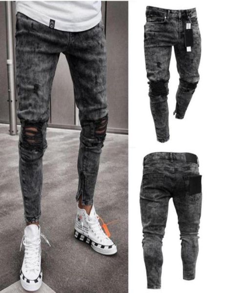 

mens desiner jeans snow grey spark draped washed long pencil pants fashion elastic knee holes zipper jeans79075009386282, Blue