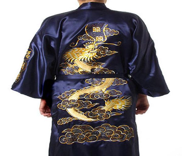 

navy blue chinese men silk satin robe novelty traditional embroidery dragon kimono yukata bath gown size s  l xl xxl mr0021983285, Black;brown