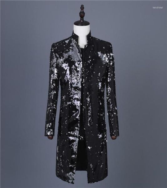 

men039s trench coats performance jacket black sequins suit windbreaker stand collar nightclub host costume midlong coat kend224511182, Tan;black