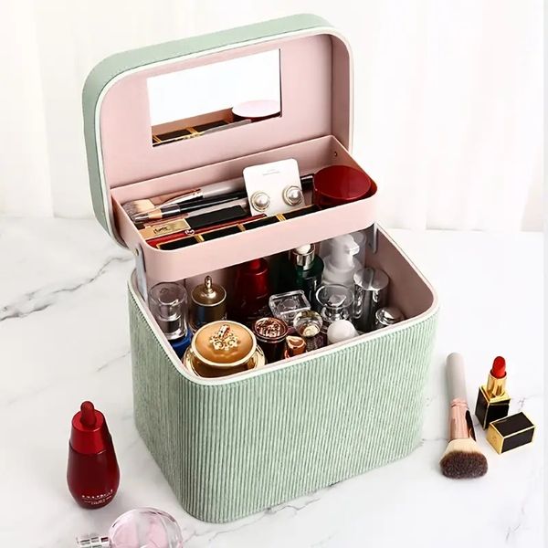 

corduroy makeup organizer with foldable tray & handle, makeup travel bag with mirror large capacity makeup box train case, gift for men wome