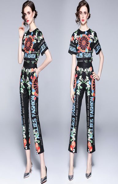 

drop whole summer two pieces 2pcs womens ladies casual sets vintage floral print crew neck short sleeve shirt blou6879666, White