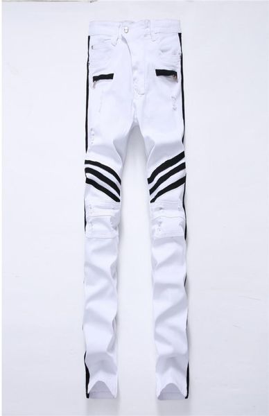 

new hole white men039s jeans straight new brand denim jeans with zippers contrast color stripe male pants slim plus size trouse8483454, Blue