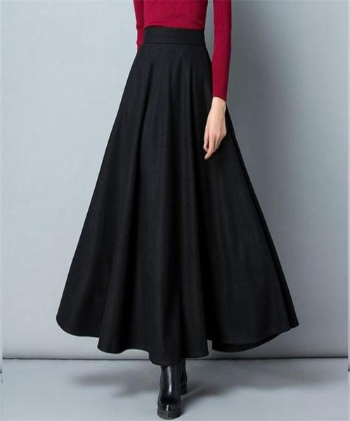 

winter long woolen pleated skirt thick warm women high waist big size elastic aline maxi skirts wine red black gray5704250