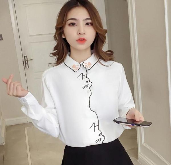 

cute preppy style cartoon cat embroidery white blouse women bordered loose shirt long sleeve autumn blusas feniminas t97890 m1199793