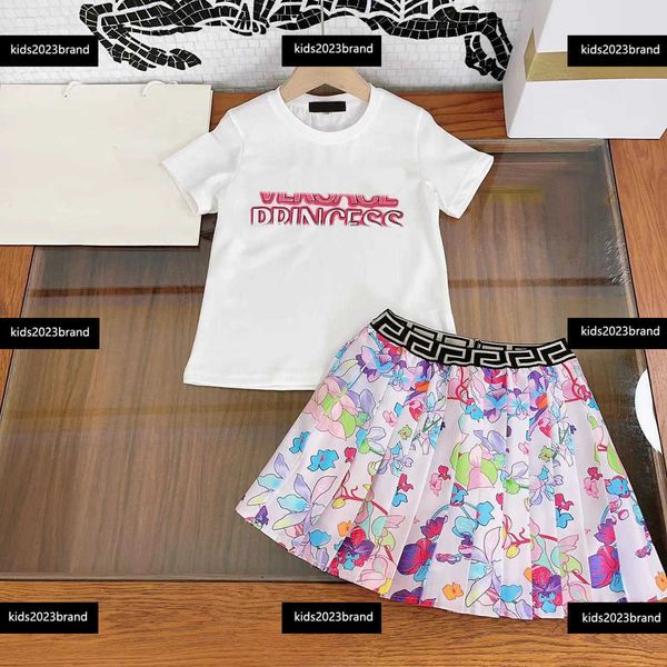 

baby clothes kids designer summer suit girls dress new product 2pcs figure printed t-shirt and floral pleated skirt ing, White
