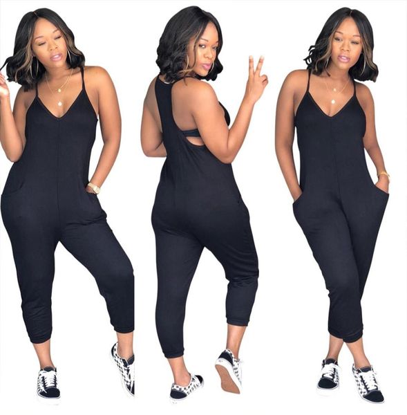 

women casual jumpsuit pocket sleeveless strap v neck one piece romper harem pants playsuit overalls2116610, Black;white