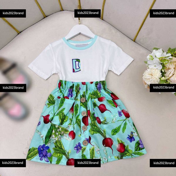 

baby clothes designer suit girls dress new product size 100-160 cm 2pcs fashion t-shirt and single breasted decoration skirt ing, White