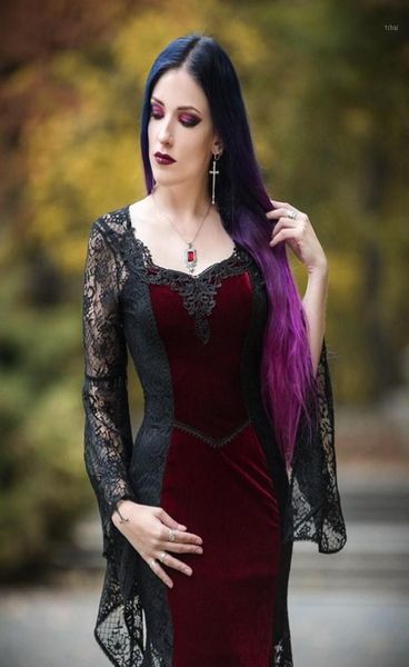 

casual dresses women gothic velvet vintage black dress aesthetic wine red vestido lace flare sleeve maxi robe goth elegantes para 9263040, Black;gray