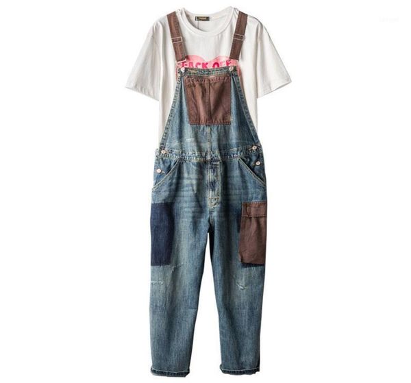 

men039s jeans 2021 japanese retro bib men overalls denim jumpsuits cotton straight patch big pocket wide leg pants blue cowboy 1674280