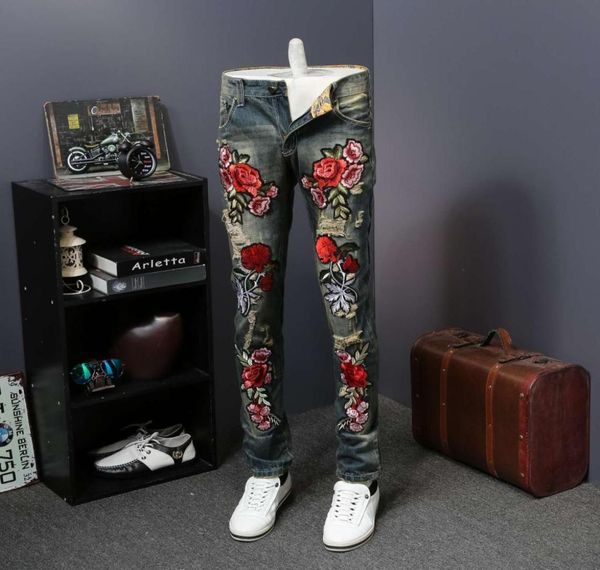 

hip hop denim pants men trousers 2019 fashion flower embroidery men jeans summer new skinny jeans men casual slim fit blue c11233484371