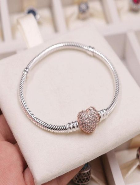 

rose gold hearts pave clasp charm bracelet women039s sterling silver wedding designer jewelry set original box for p snak3167853, Golden;silver
