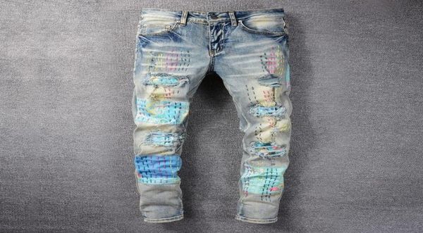 

cashew flower patch pant beggar jean patchwork jeans for men high street knife cut heavyduty erosive motorcycle pant1940814, Blue
