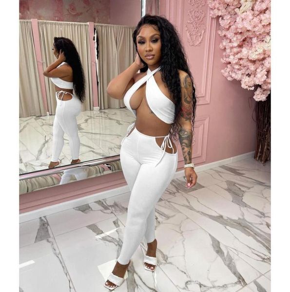 

criss cross bandage matching set summer 2021 club crop and pants two piece sets for women ruched outfits87373515050271, White