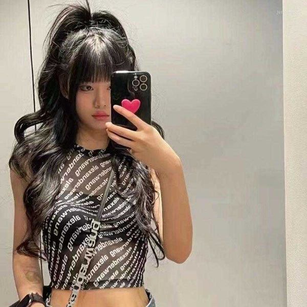 

summer full printed letters design short-sleeved bottoming shirt women's see-through design slim vest, White