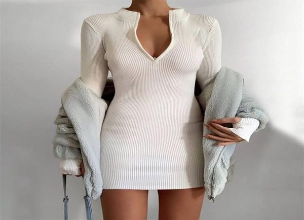 

011903 women fall bodycon ribbed dress new stand collar zipper deep vneck solid stretch bodycon pencil mini vestido party dr3117508, White;black